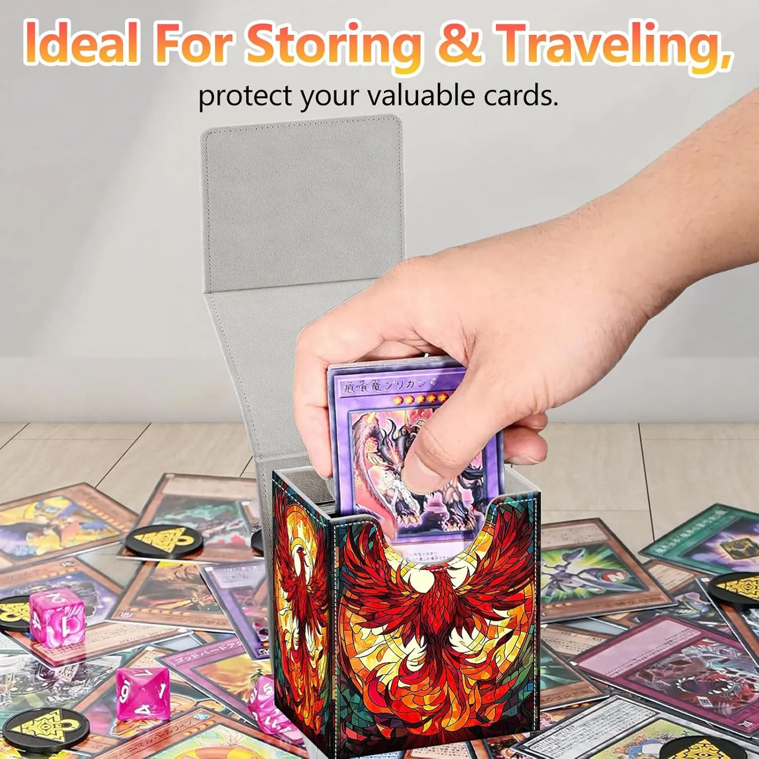 Card Deck Box, Card Storage Box Fits 100  Single Sleeved Cards, Large Capacity PU Leather Card Storage Box with Strong Magnet for Magic Commander TCG/CCG, Magic Phoenix