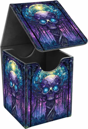 Card Deck Box, Card Storage Box Fits 100  Single Sleeved Cards, Large Capacity PU Leather Card Storage Box with Strong Magnet for Magic Commander TCG/CCG, (Purple, Skull)