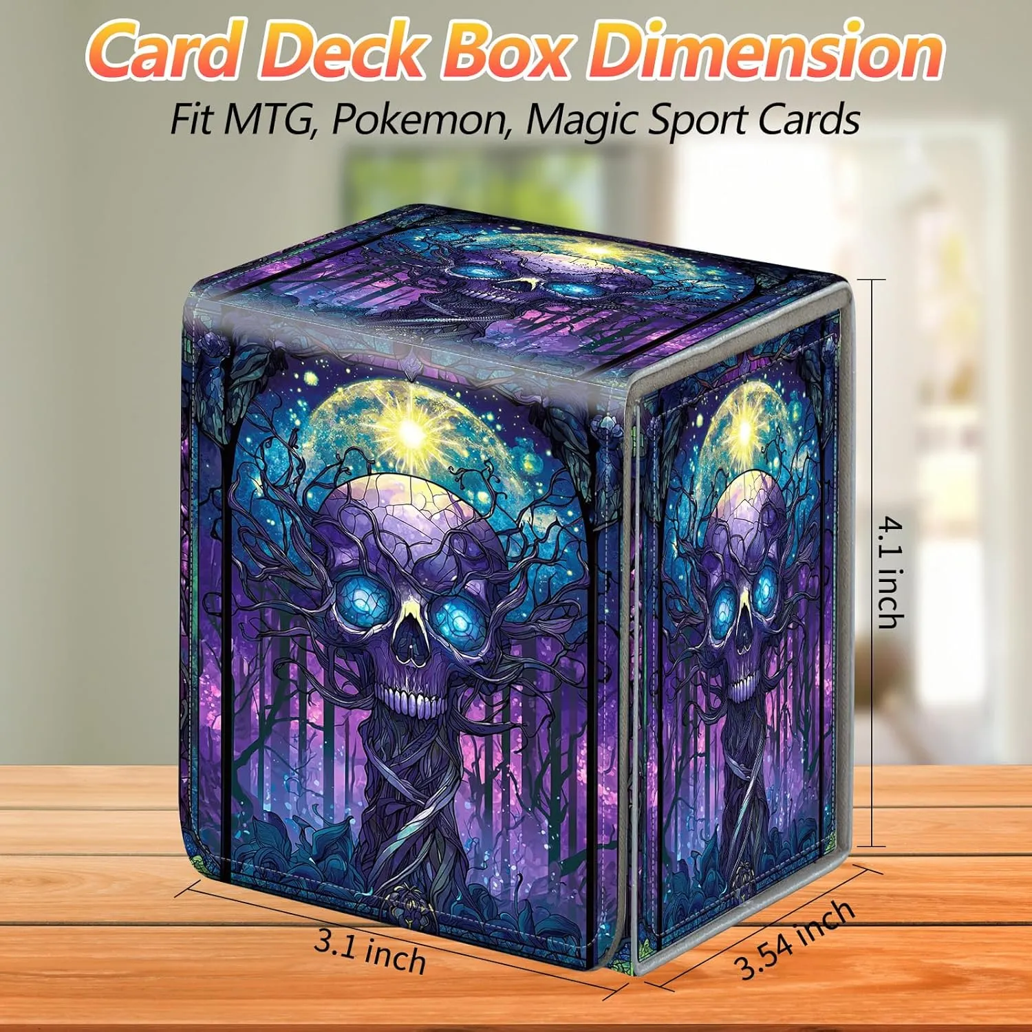 Card Deck Box, Card Storage Box Fits 100  Single Sleeved Cards, Large Capacity PU Leather Card Storage Box with Strong Magnet for Magic Commander TCG/CCG, (Purple, Skull)
