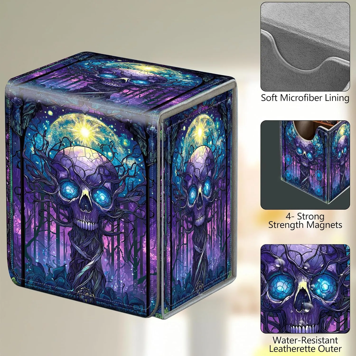 Card Deck Box, Card Storage Box Fits 100  Single Sleeved Cards, Large Capacity PU Leather Card Storage Box with Strong Magnet for Magic Commander TCG/CCG, (Purple, Skull)