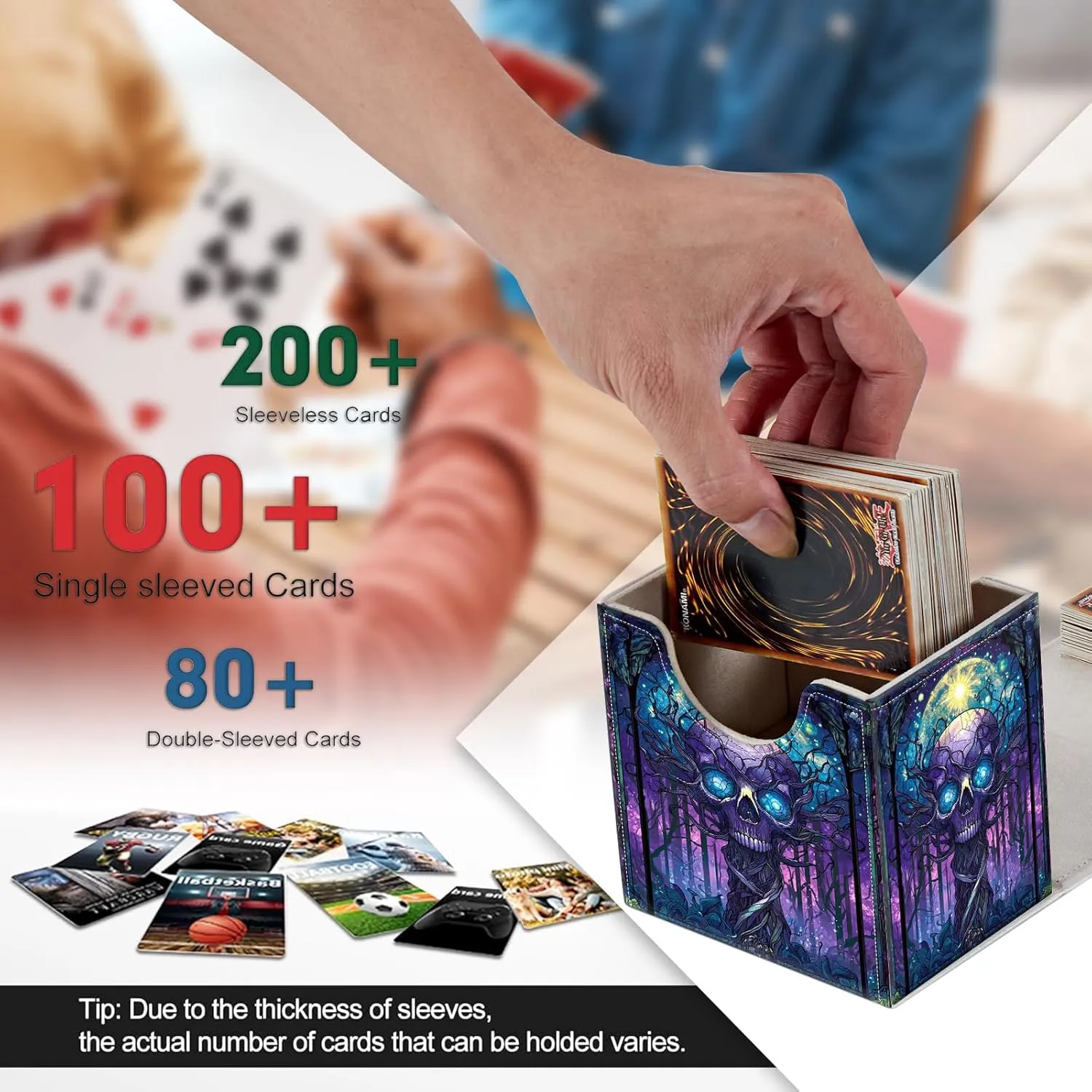 Card Deck Box, Card Storage Box Fits 100  Single Sleeved Cards, Large Capacity PU Leather Card Storage Box with Strong Magnet for Magic Commander TCG/CCG, (Purple, Skull)