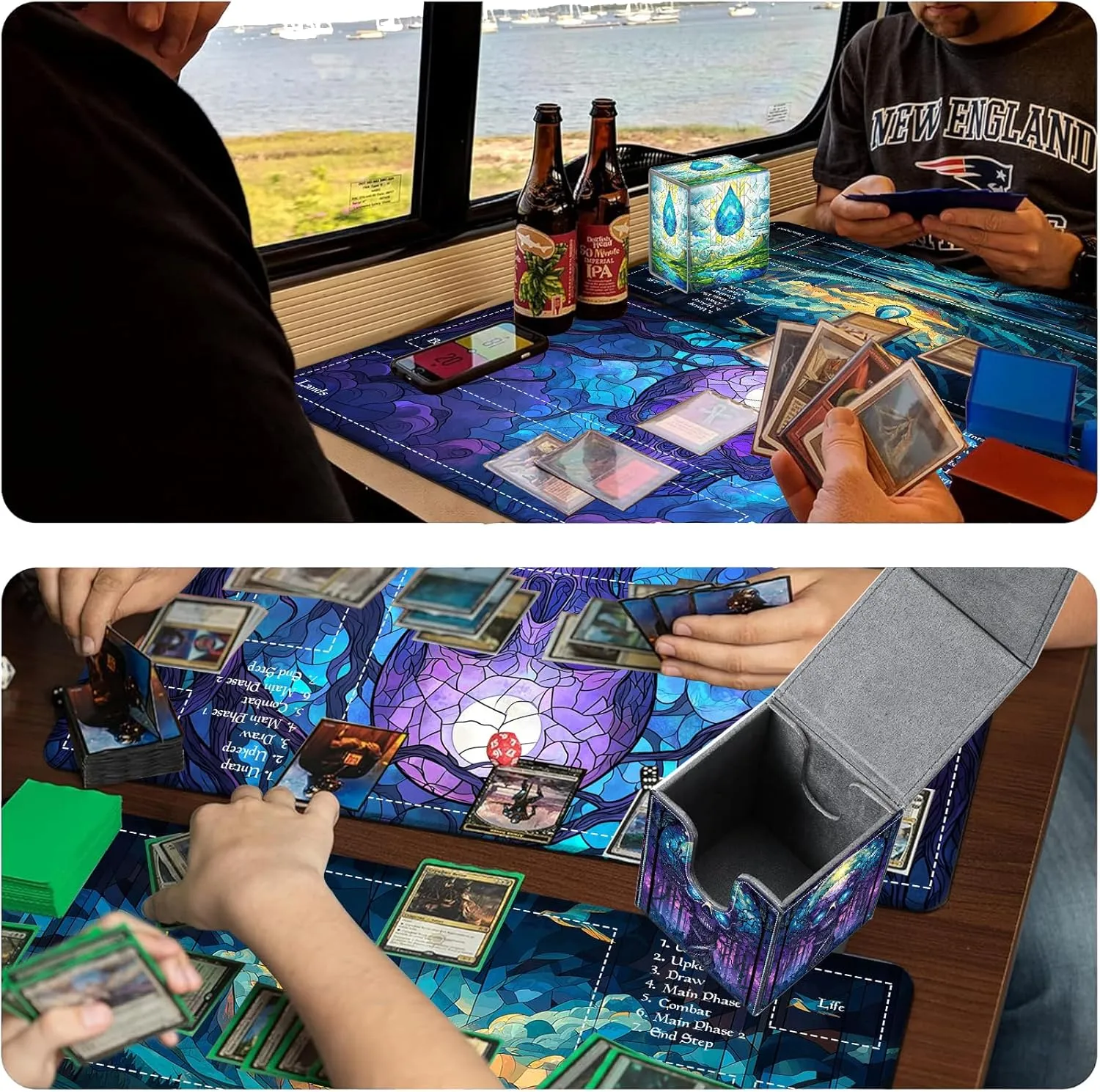 Card Deck Box, Card Storage Box Fits 100  Single Sleeved Cards, Large Capacity PU Leather Card Storage Box with Strong Magnet for Magic Commander TCG/CCG, (Purple, Skull)