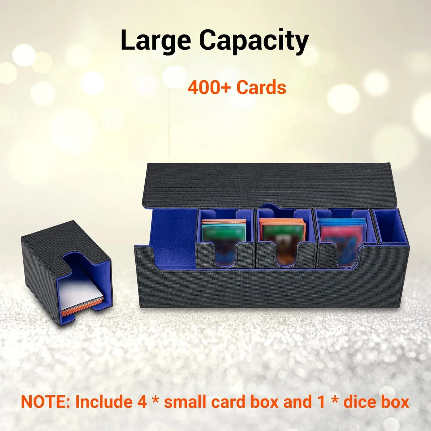 Card Deck Box for MTG, 5 in 1 Commander Deck Box TCG Card Box Deck Box with Dice Tray Holding 400  Unsleeved Cards Magic Commander CCG Sports Card Box (Black and Blue)