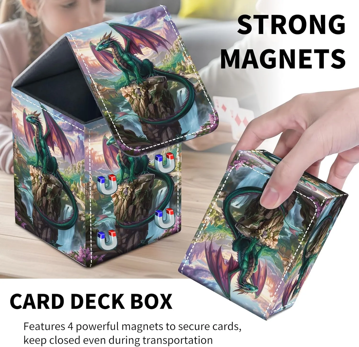 Card Deck Box for MTG Trading Cards, Magic Card Box Can Hold 110  Single Sleeved Cards, Waterproof PU Leather Material, Strong Magnetic Buckle Card Set Box Suitable for TCG CCG, Dragon Stone Pillar