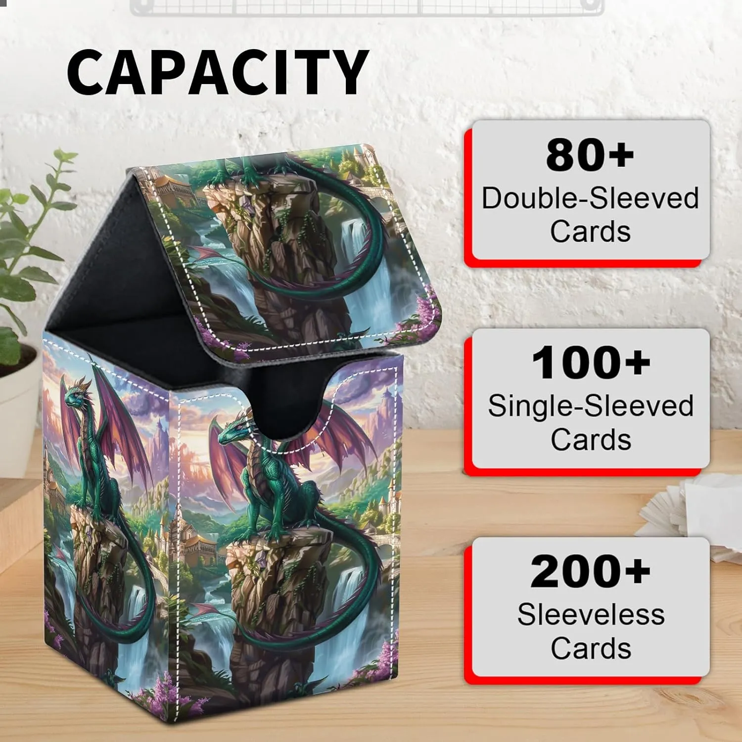 Card Deck Box for MTG Trading Cards, Magic Card Box Can Hold 110  Single Sleeved Cards, Waterproof PU Leather Material, Strong Magnetic Buckle Card Set Box Suitable for TCG CCG, Dragon Stone Pillar