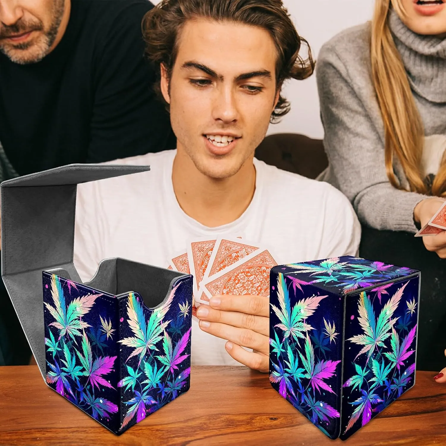Card Deck Box Trading Cards with Strong Magnet Colorful Leaves Theme Commander Storage Magic Premium Card Case for TCG CCG Magic Cards
