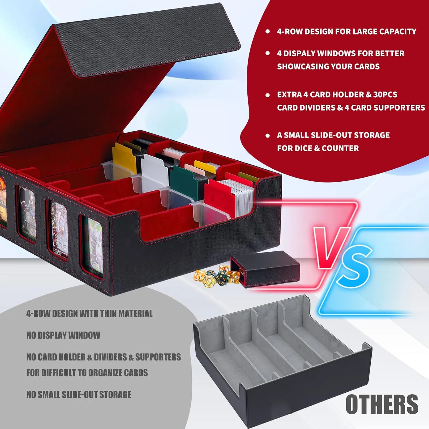 Card Storage Box 3200  MTG Commander Deck Box TCG Deck Case with Display Windows Dice Tray,Card Organizer 30 Colorful Dividers& 4 Supporters& 4 Toploaders