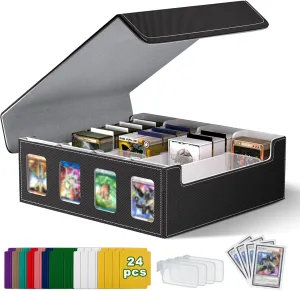 Card Storage Box for Trading Cards, 3000  MTG Deck Box with 24 Colorful Dividers and 4 Card Supporters, Commander Deck holder with Viewing Windows Fits for MTG/TCG/Magic Cards (Black, Grey)