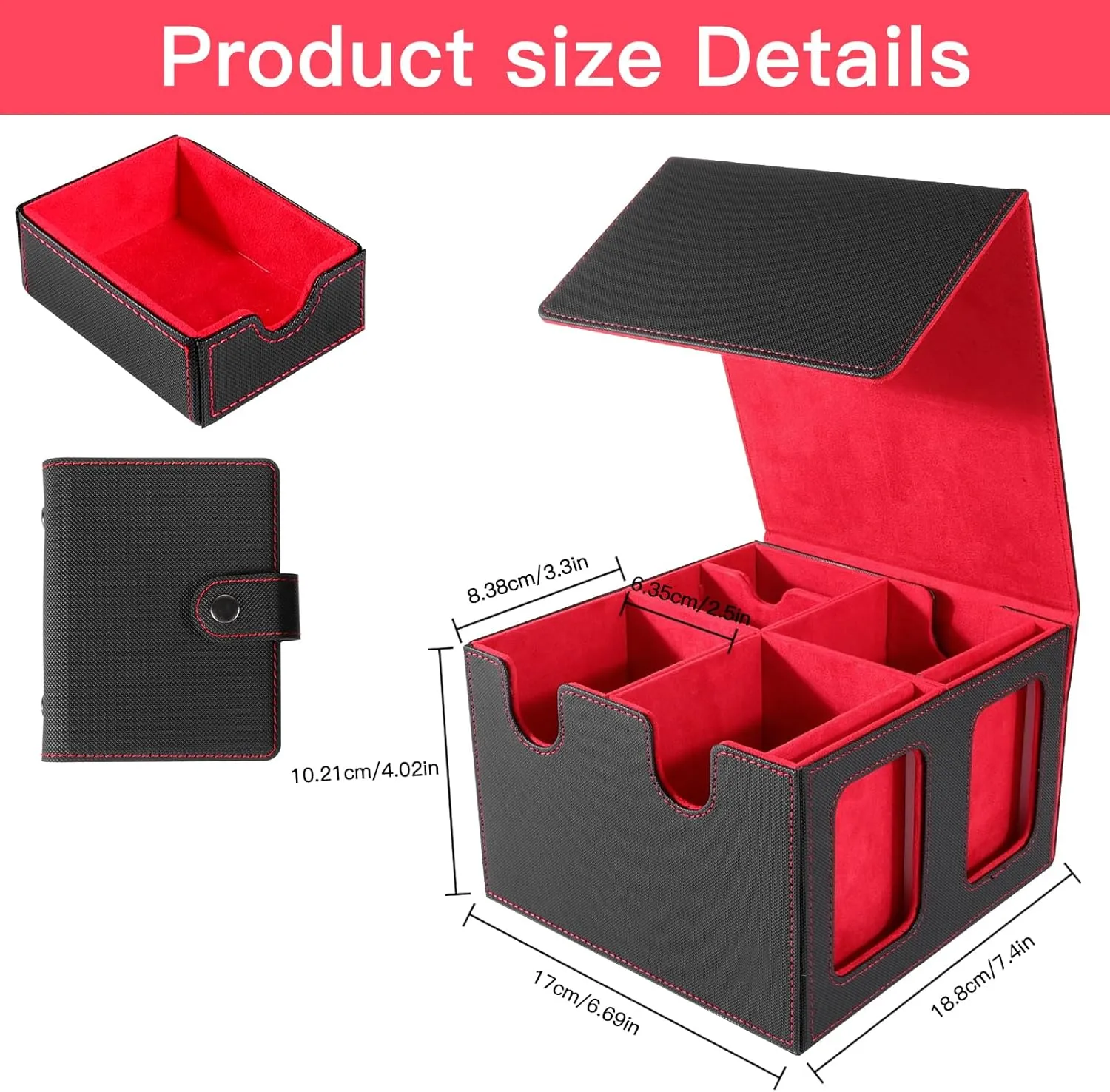 Card Storage Box For Trading Cards 700  With Dedicated Card Supporters and Viewing Windows, Storage Box for YugiOh, TCG, PTG (Black Red for medium)