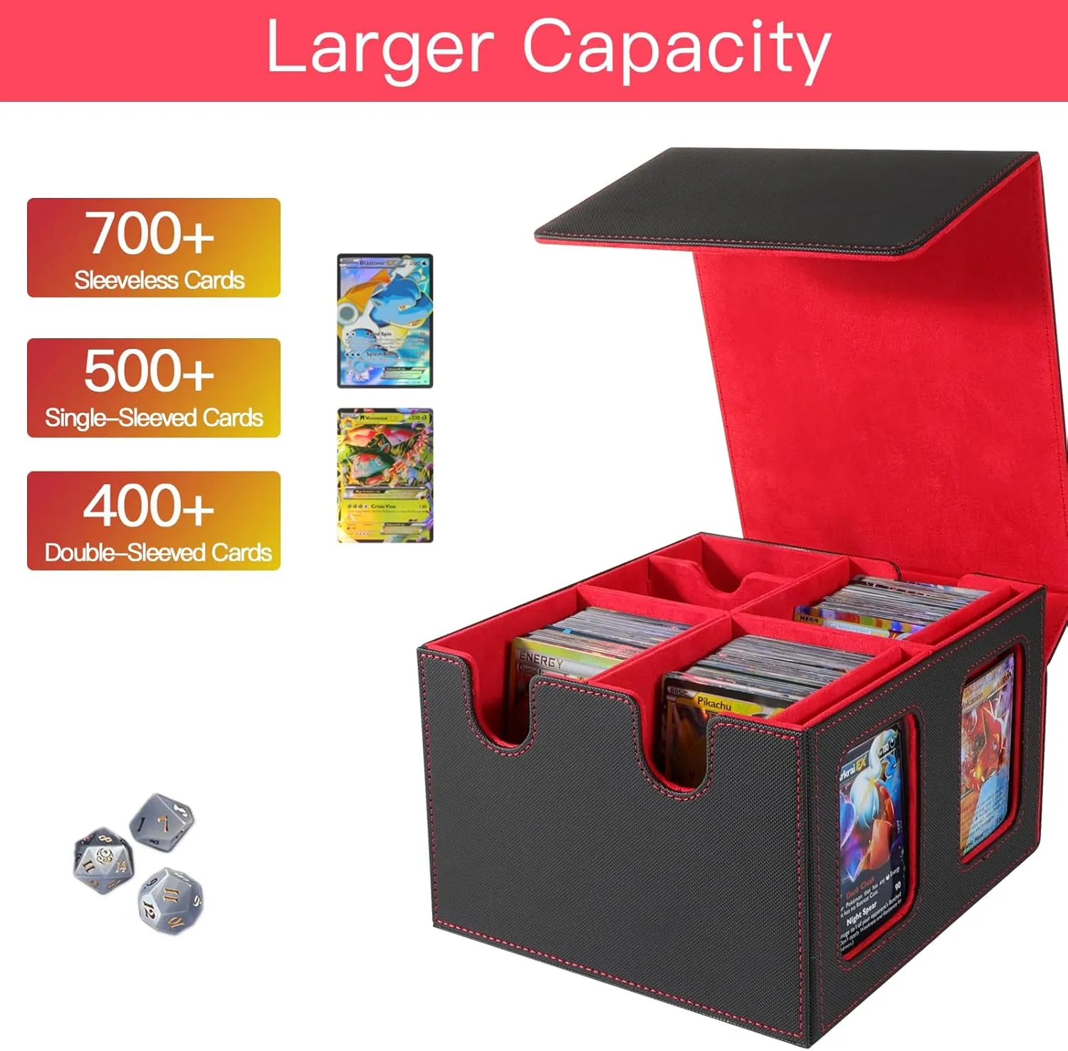 Card Storage Box For Trading Cards 700  With Dedicated Card Supporters and Viewing Windows, Storage Box for YugiOh, TCG, PTG (Black Red for medium)