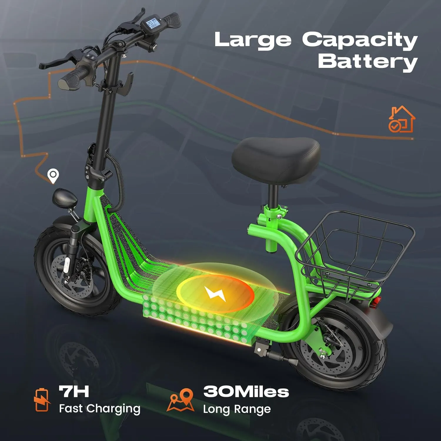Caroma Peak 1200W Electric Scooter with Seat, LED Display and 3 Speed Modes,500Wh Battery up to 30Miles, Foldable Electric Scooter with Basket & Height Adjustable Seat