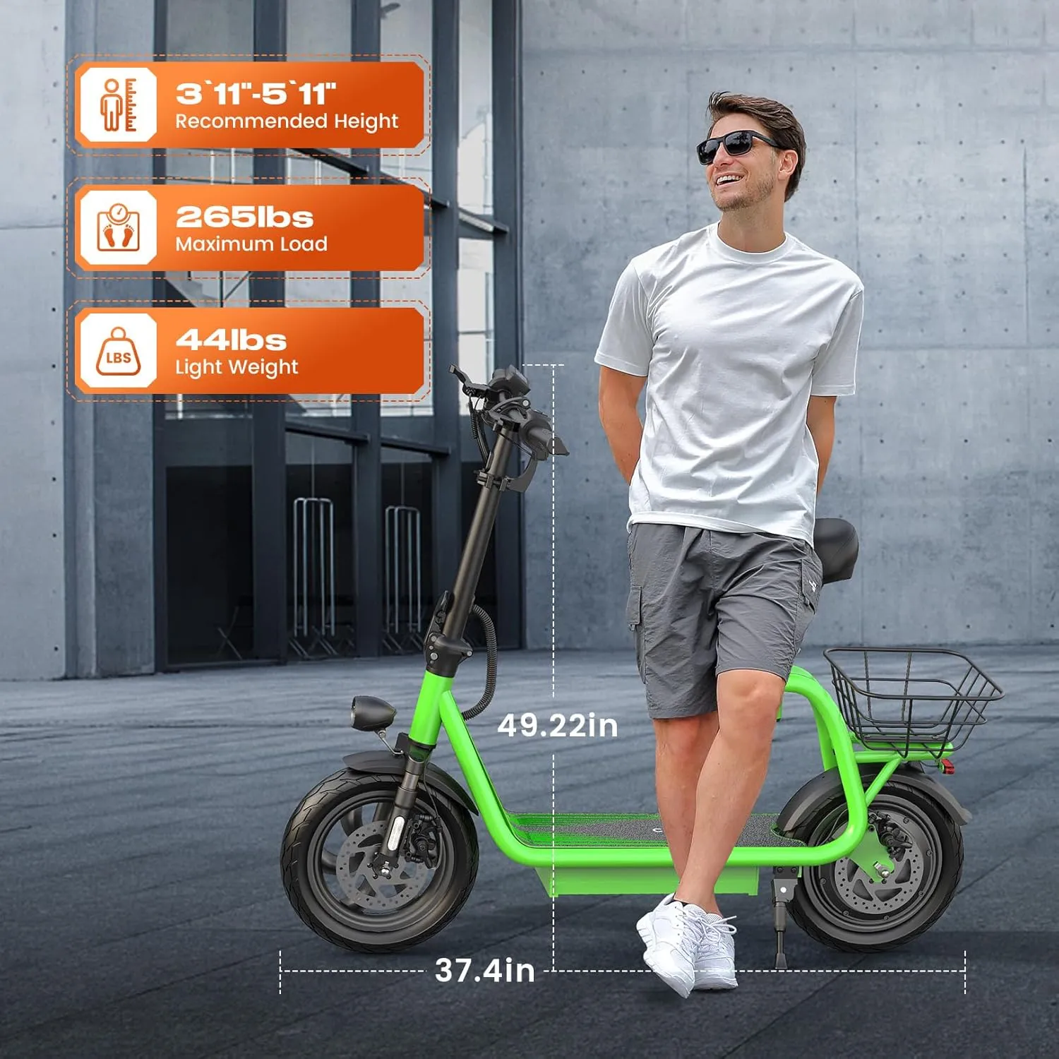 Caroma Peak 1200W Electric Scooter with Seat, LED Display and 3 Speed Modes,500Wh Battery up to 30Miles, Foldable Electric Scooter with Basket & Height Adjustable Seat