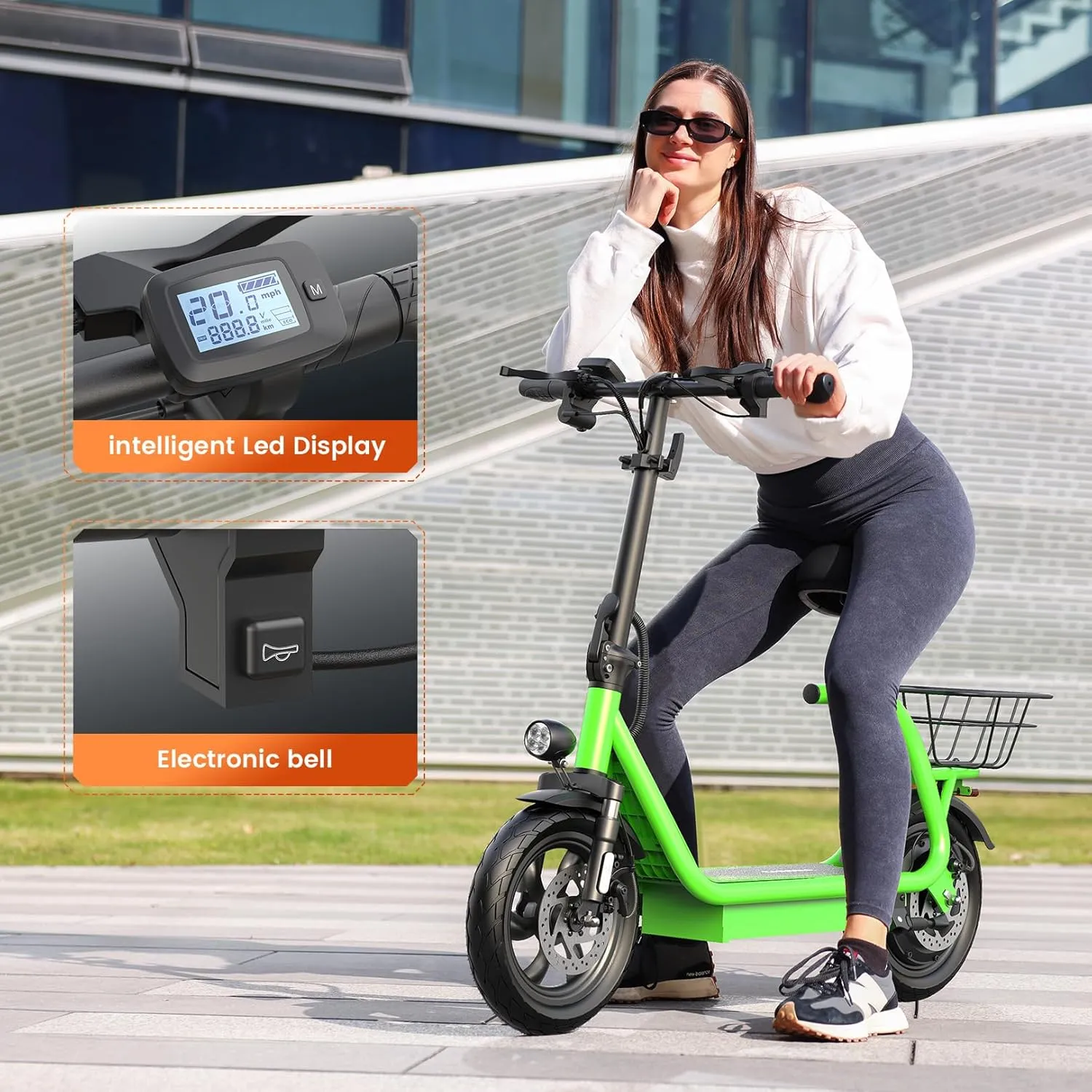 Caroma Peak 1200W Electric Scooter with Seat, LED Display and 3 Speed Modes,500Wh Battery up to 30Miles, Foldable Electric Scooter with Basket & Height Adjustable Seat