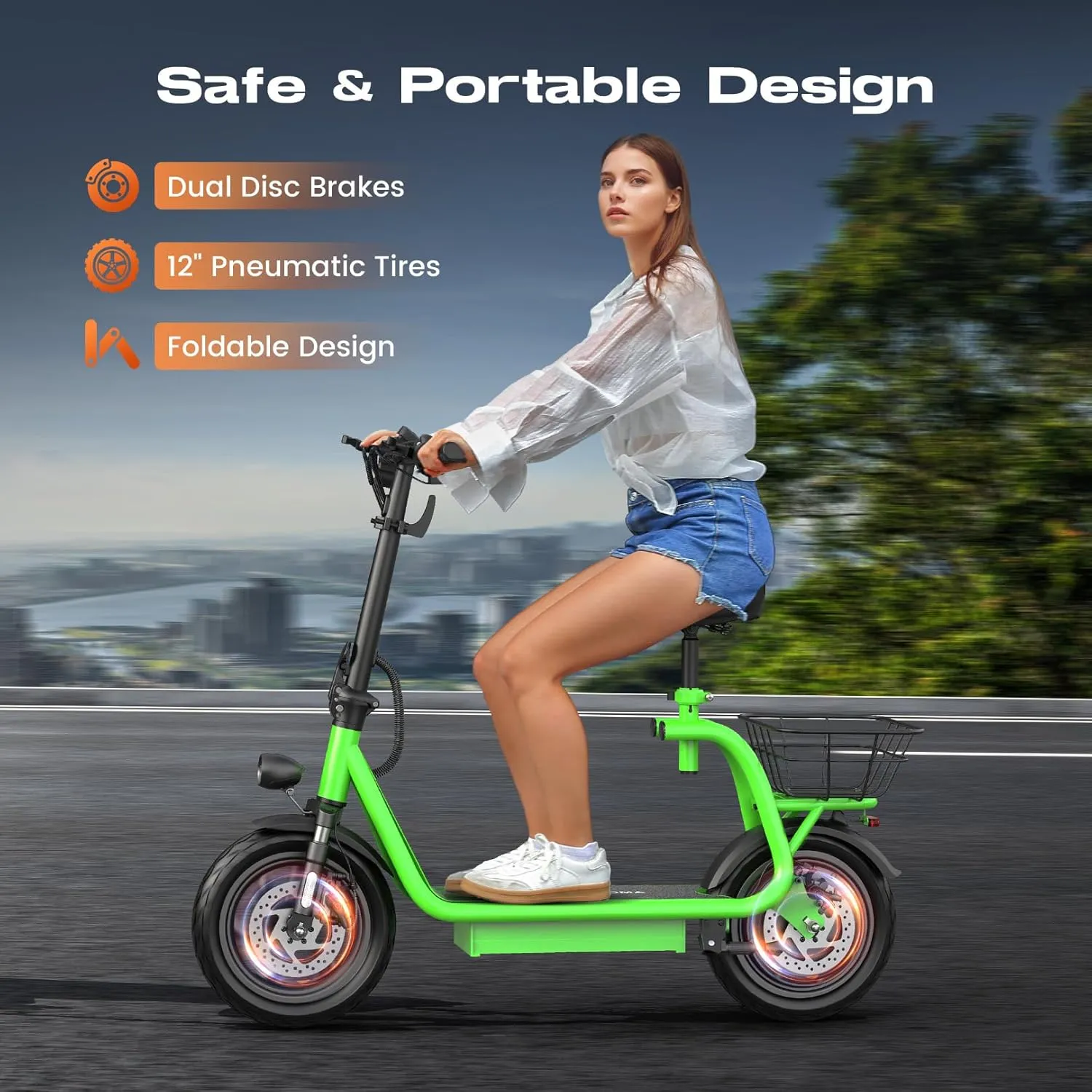 Caroma Peak 1200W Electric Scooter with Seat, LED Display and 3 Speed Modes,500Wh Battery up to 30Miles, Foldable Electric Scooter with Basket & Height Adjustable Seat