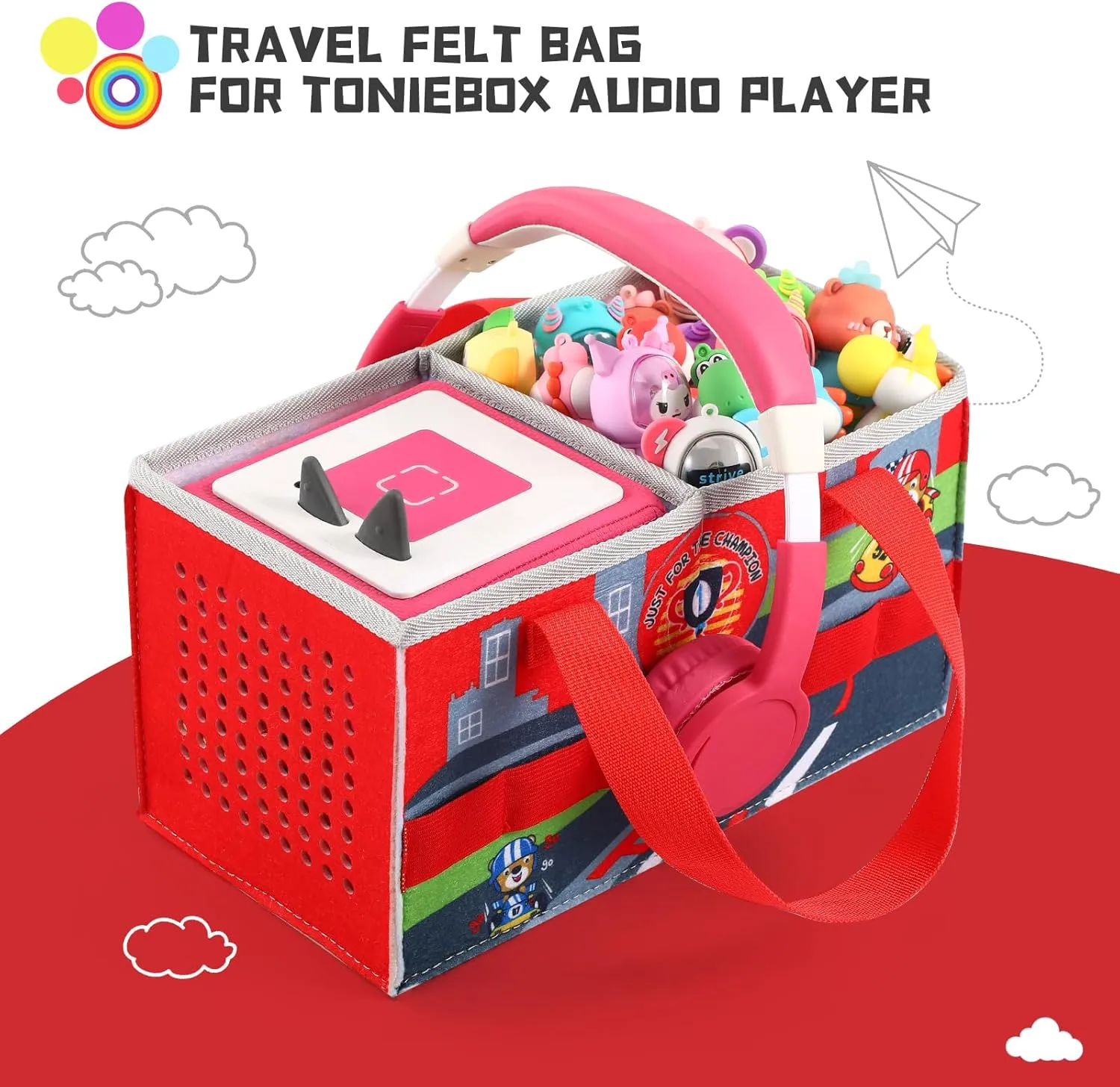 Carrying Case for Toniebox Starter Set and Tonies Figurines, Felt Organizer Travel Bag with Strap for Tonies Box, Travel Cloth Musical Toy Folding Bag for Toniebox Accessories