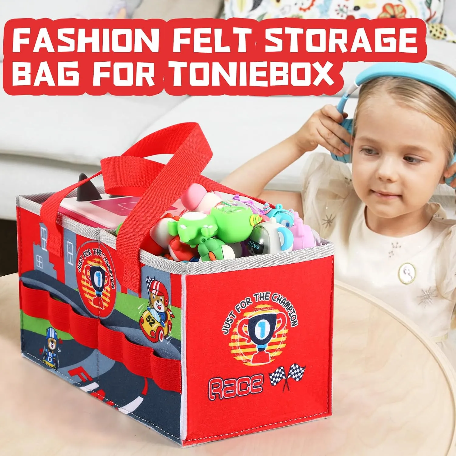 Carrying Case for Toniebox Starter Set and Tonies Figurines, Felt Organizer Travel Bag with Strap for Tonies Box, Travel Cloth Musical Toy Folding Bag for Toniebox Accessories