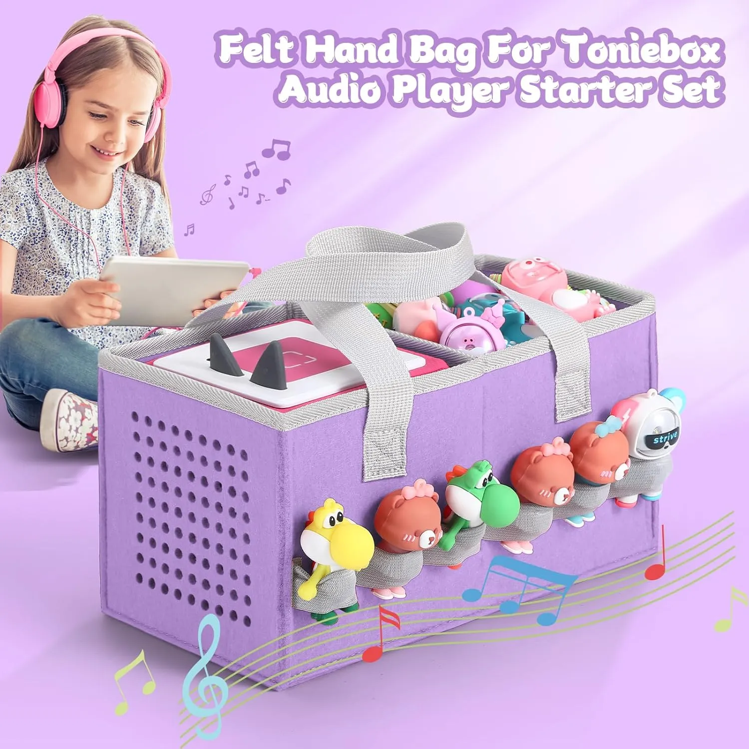 Carrying Case for Toniebox Starter Set and Tonies Figurines, Felt Organizer Travel Bag with Strap for Tonies Box, Travel Cloth Musical Toy Folding Bag for Toniebox Accessories