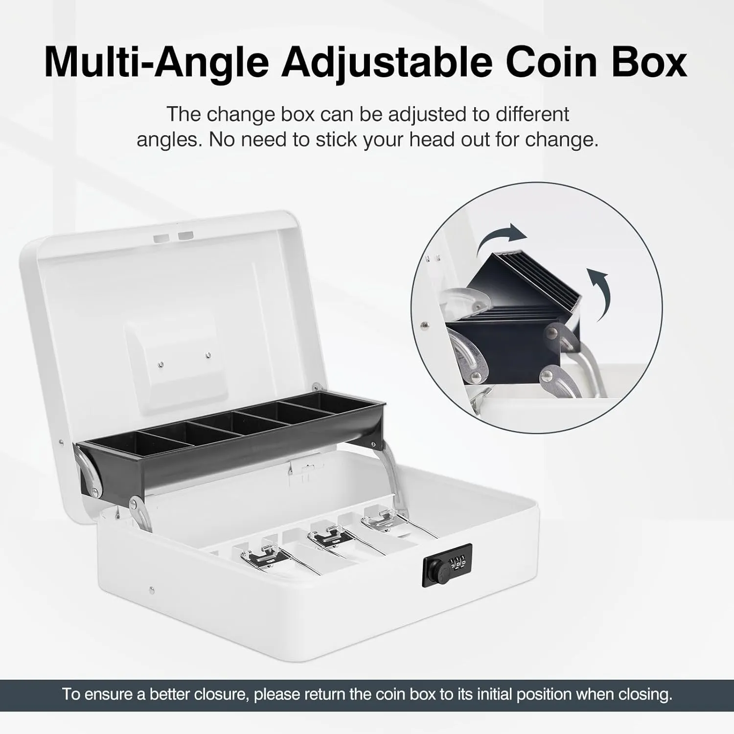 Cash Box with Bag & Combination Code, Metal Money Box with Money Tray, Large Locking Cash Boxes, Deluxe Lock Safe Box, Portable Cash Box with Adjustable Coin Box, 4 Bill 5 Coin Slots,White