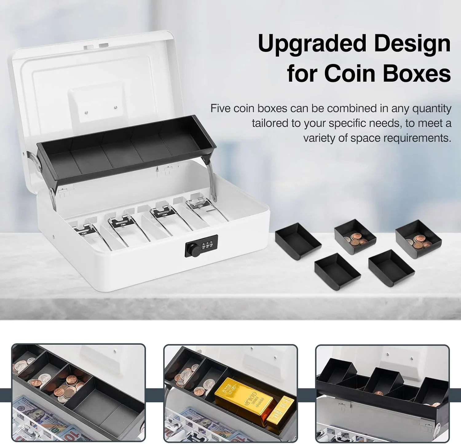 Cash Box with Bag & Combination Code, Metal Money Box with Money Tray, Large Locking Cash Boxes, Deluxe Lock Safe Box, Portable Cash Box with Adjustable Coin Box, 4 Bill 5 Coin Slots,White