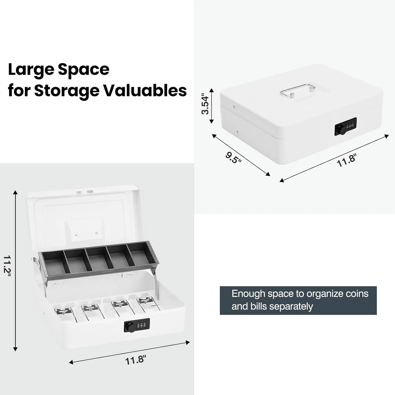 Cash Box with Bag & Combination Code, Metal Money Box with Money Tray, Large Locking Cash Boxes, Deluxe Lock Safe Box, Portable Cash Box with Adjustable Coin Box, 4 Bill 5 Coin Slots,White
