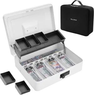 Cash Box with Bag & Combination Code, Metal Money Box with Money Tray, Large Locking Cash Boxes, Deluxe Lock Safe Box, Portable Cash Box with Adjustable Coin Box, 4 Bill 5 Coin Slots,White