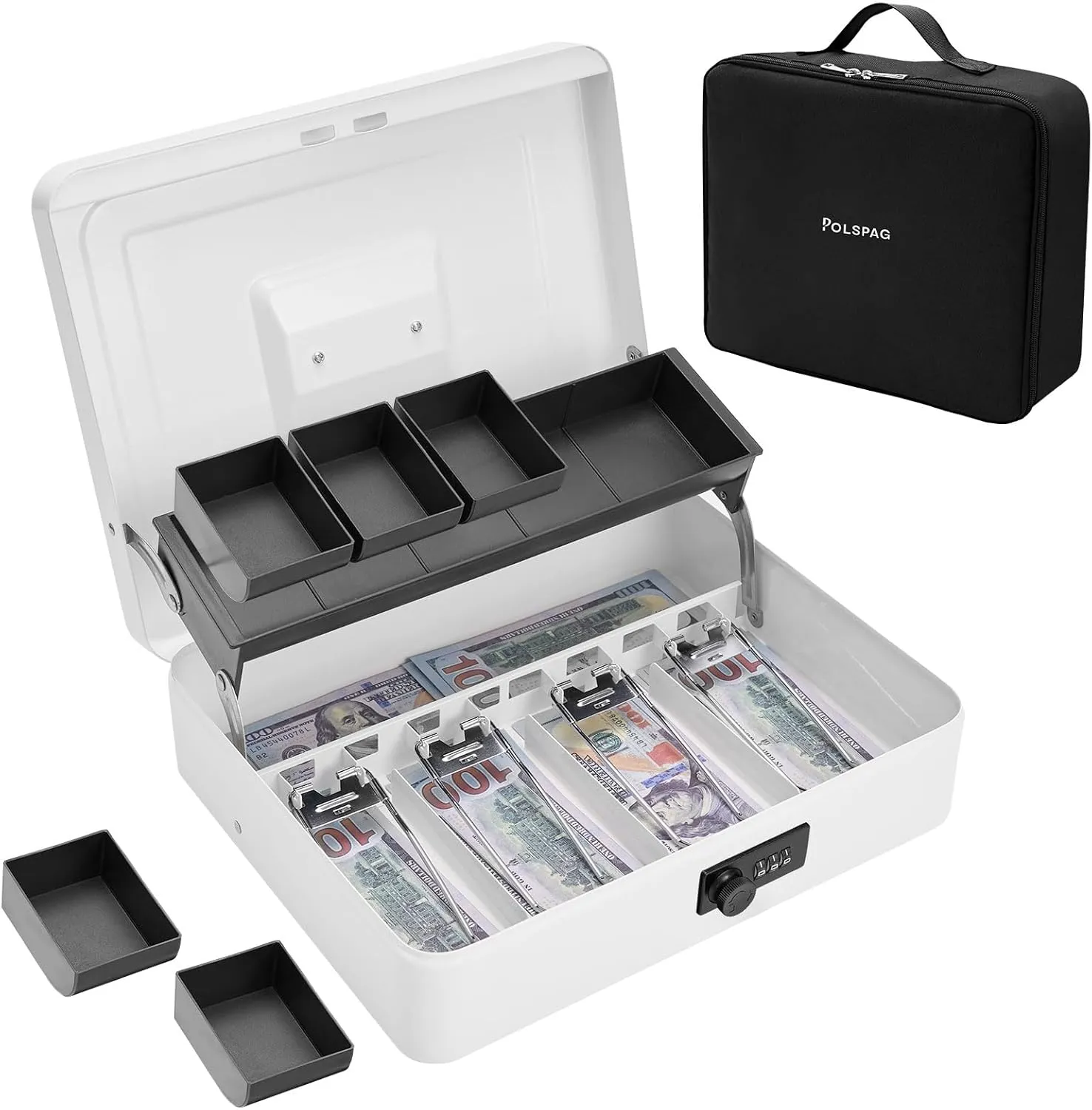 Cash Box with Bag & Combination Code, Metal Money Box with Money Tray, Large Locking Cash Boxes, Deluxe Lock Safe Box, Portable Cash Box with Adjustable Coin Box, 4 Bill 5 Coin Slots,White
