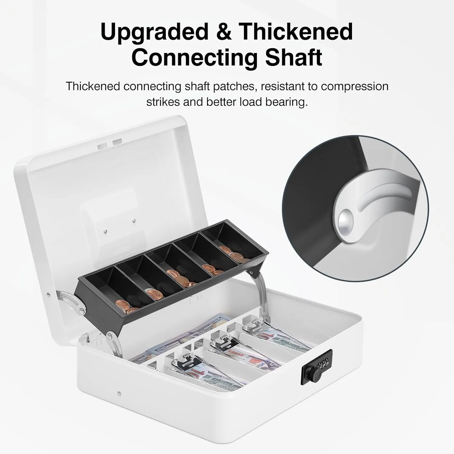 Cash Box with Bag & Combination Code, Metal Money Box with Money Tray, Large Locking Cash Boxes, Deluxe Lock Safe Box, Portable Cash Box with Adjustable Coin Box, 4 Bill 5 Coin Slots,White