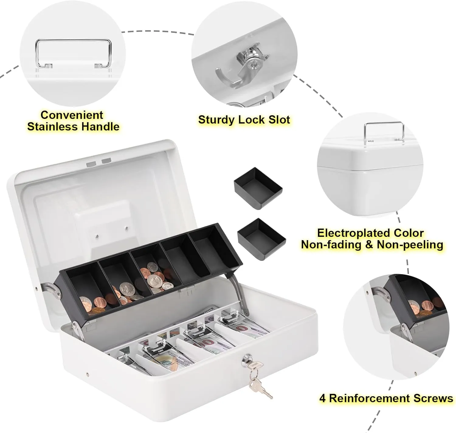 Cash Box with Lock and 2 Keys, Metal Money Box with Cash Tray, Lock Safe Box, 4 Bill/5 Coin Slots, 11.8L x 9.5W x 3.5H Inches (Key-White)