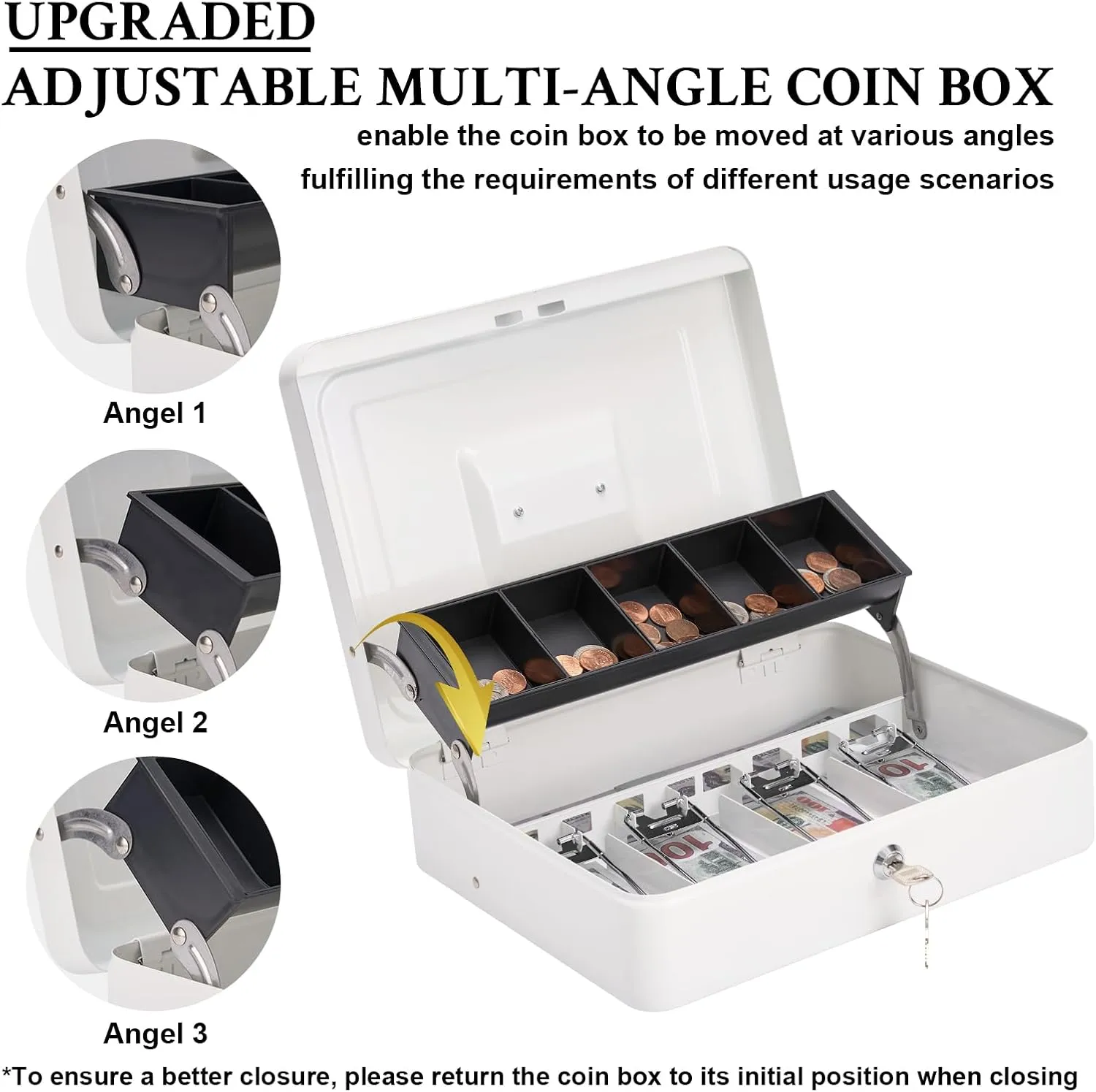 Cash Box with Lock and 2 Keys, Metal Money Box with Cash Tray, Lock Safe Box, 4 Bill/5 Coin Slots, 11.8L x 9.5W x 3.5H Inches (Key-White)