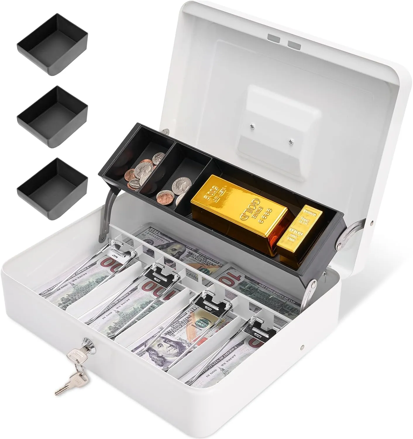 Cash Box with Lock and 2 Keys, Metal Money Box with Cash Tray, Lock Safe Box, 4 Bill/5 Coin Slots, 11.8L x 9.5W x 3.5H Inches (Key-White)