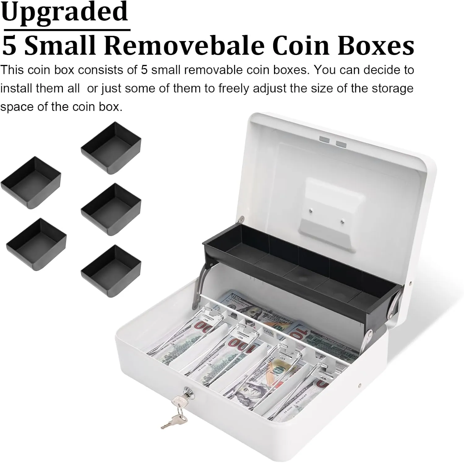 Cash Box with Lock and 2 Keys, Metal Money Box with Cash Tray, Lock Safe Box, 4 Bill/5 Coin Slots, 11.8L x 9.5W x 3.5H Inches (Key-White)