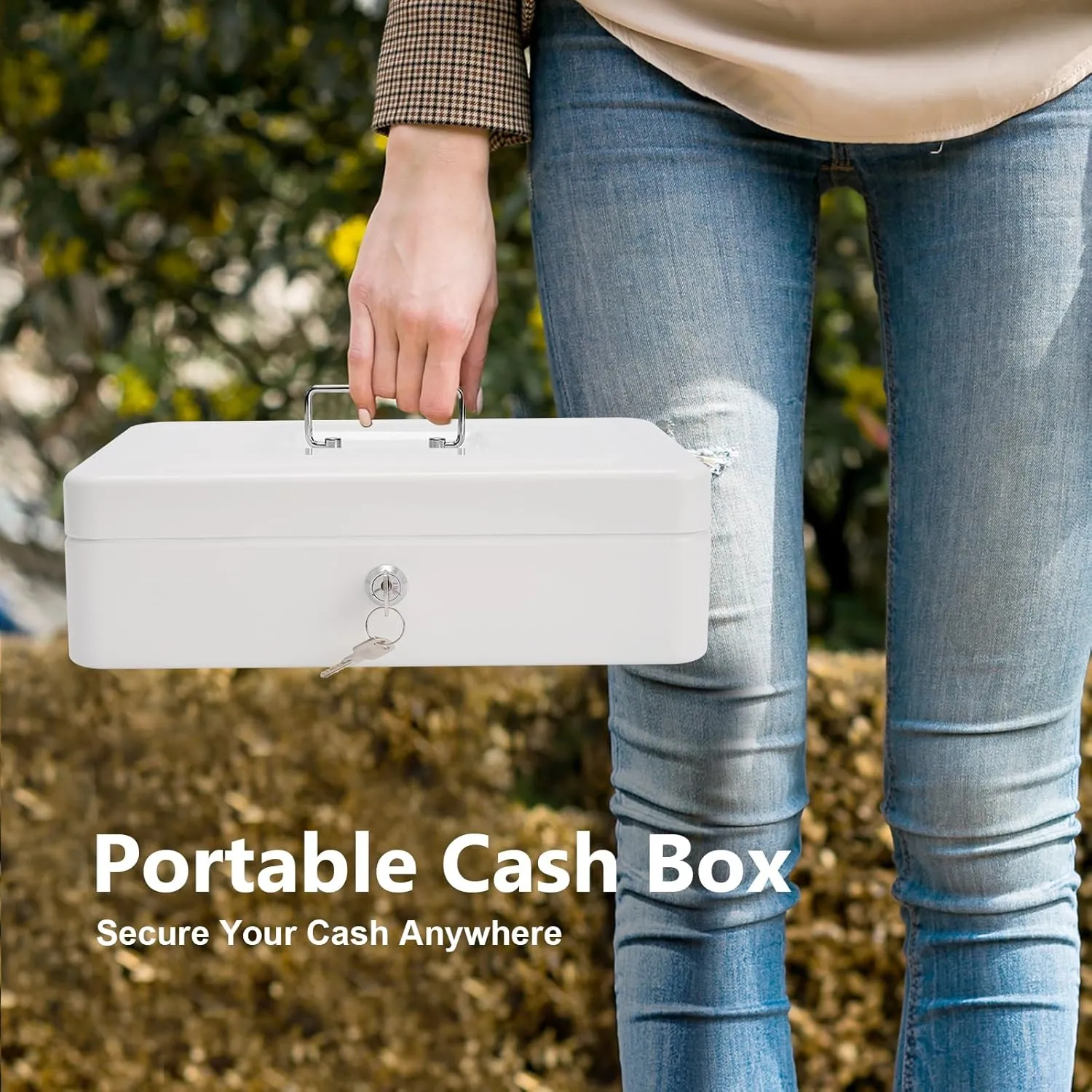 Cash Box with Lock and 2 Keys, Metal Money Box with Cash Tray, Lock Safe Box, 4 Bill/5 Coin Slots, 11.8L x 9.5W x 3.5H Inches (Key-White)