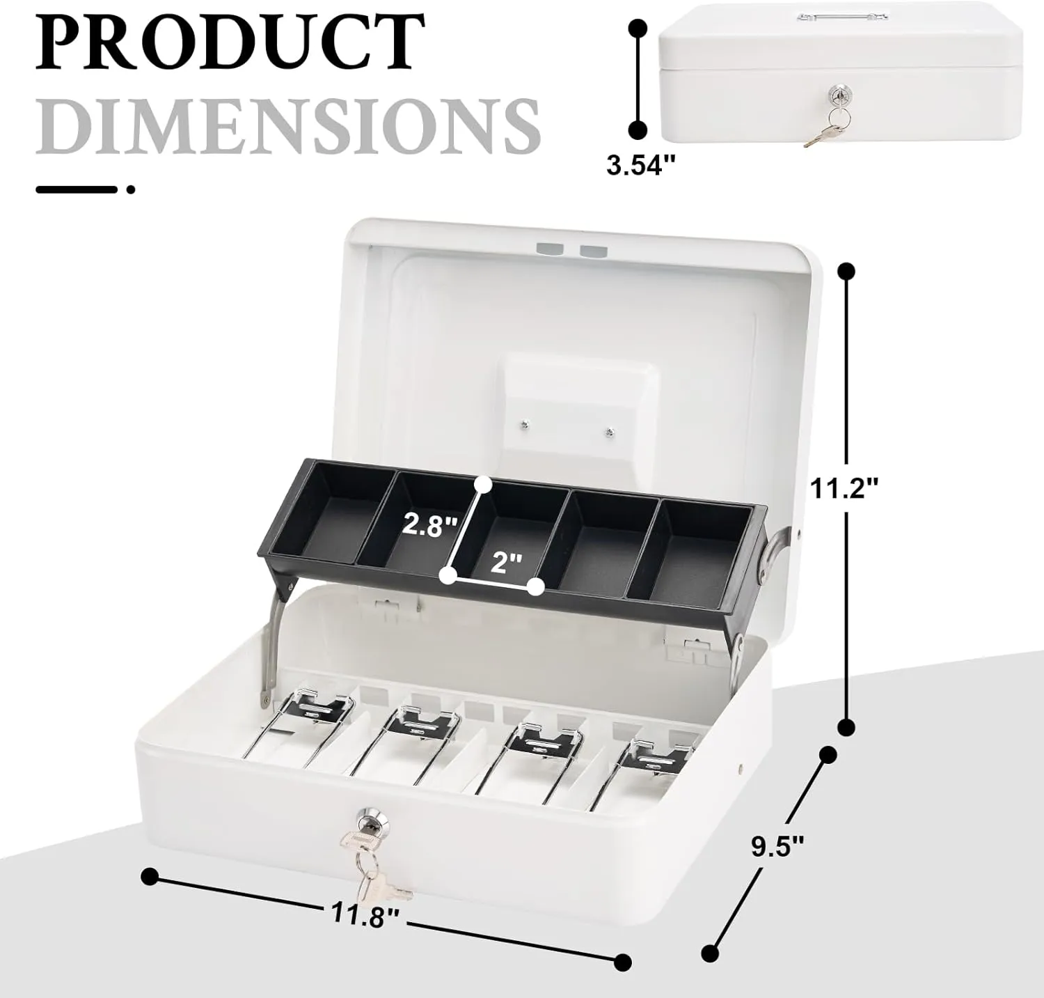 Cash Box with Lock and 2 Keys, Metal Money Box with Cash Tray, Lock Safe Box, 4 Bill/5 Coin Slots, 11.8L x 9.5W x 3.5H Inches (Key-White)