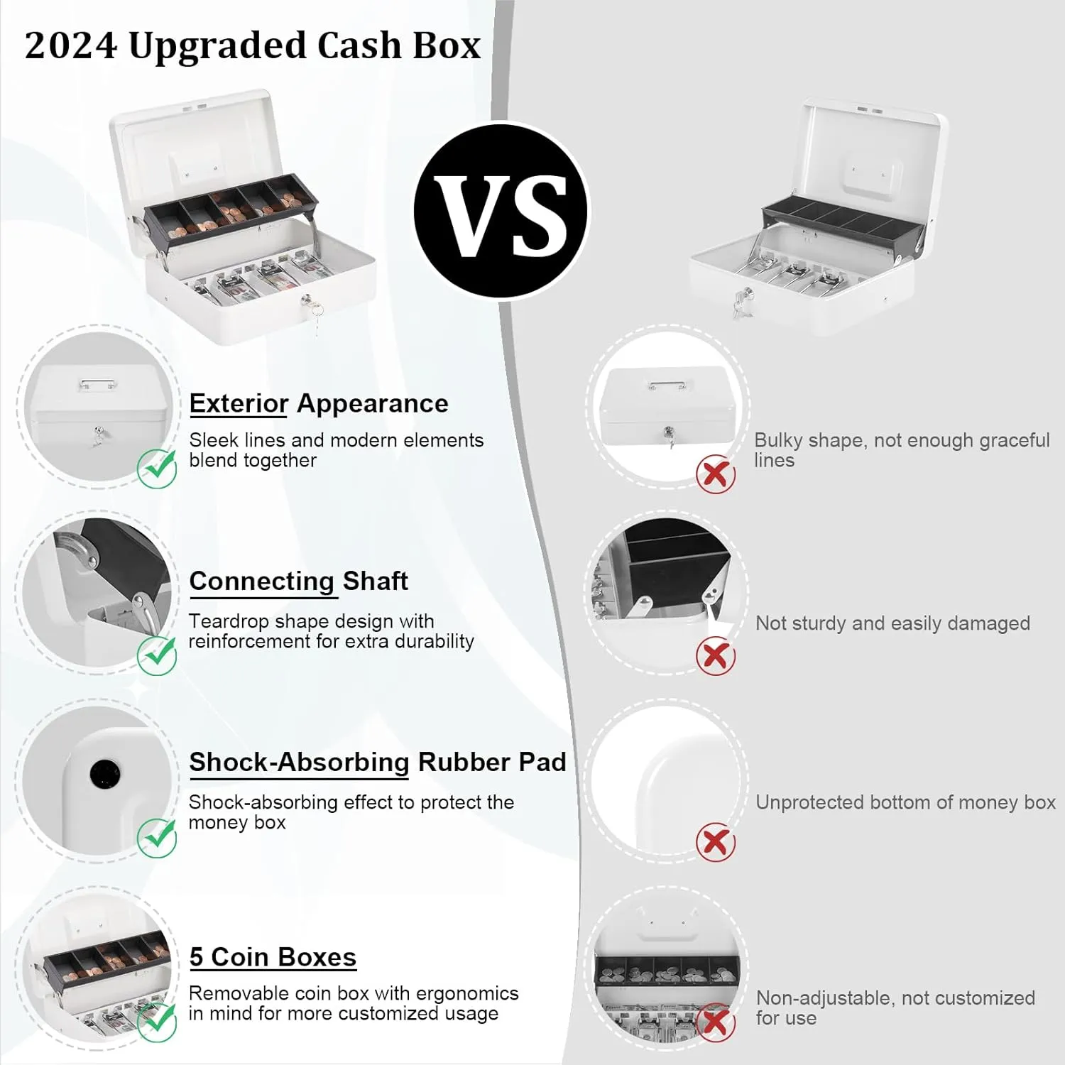 Cash Box with Lock and 2 Keys, Metal Money Box with Cash Tray, Lock Safe Box, 4 Bill/5 Coin Slots, 11.8L x 9.5W x 3.5H Inches (Key-White)
