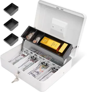 Cash Box with Lock and 2 Keys, Metal Money Box with Cash Tray, Lock Safe Box, 4 Bill/5 Coin Slots, 11.8L x 9.5W x 3.5H Inches (Key-White)
