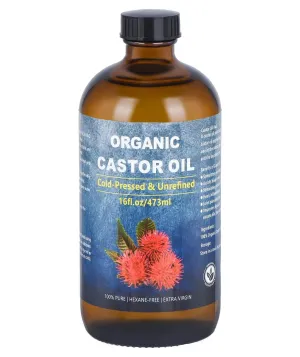 Castor Oil Organic Cold Pressed Unrefined Glass Bottle, Organic Castor Oil for Face, Hair Growth & Thicker Eyelashes, 100% Pure and Hexane Free, 16oz