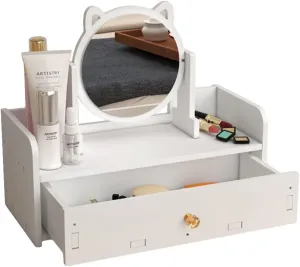 Cat Ear Vanity Mirror, Desktop Makeup Mirror with Drawer, Multipurpose Cosmetic Box, Plastic Cosmetic Storage Organizer for Home, Bedroom Supplies, White Country Brush Drawer