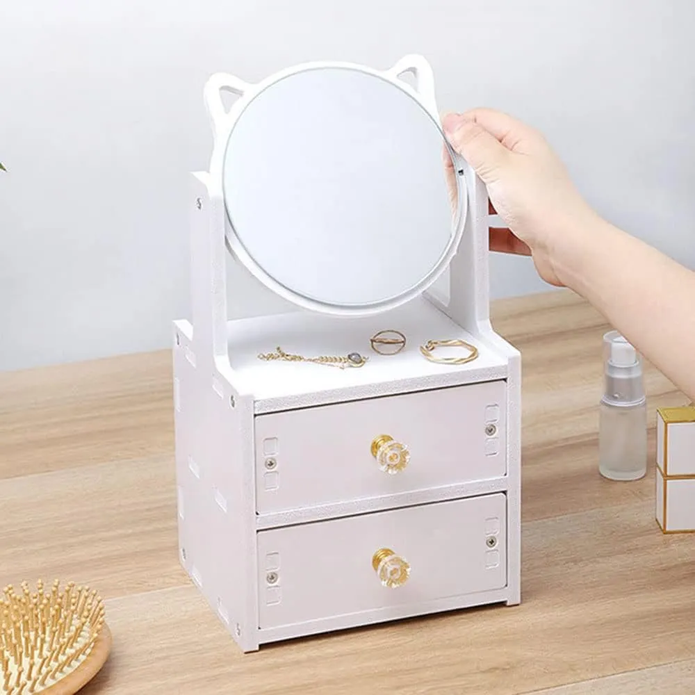 Cat Ear Vanity Mirror, Desktop Makeup Mirror with Drawer, Multipurpose Cosmetic Box, Plastic Cosmetic Storage Organizer for Home, Bedroom Supplies, White Country Brush Drawer