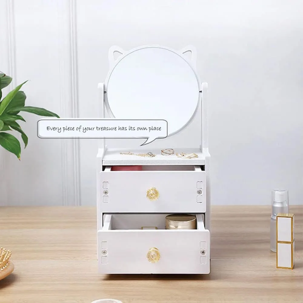 Cat Ear Vanity Mirror, Desktop Makeup Mirror with Drawer, Multipurpose Cosmetic Box, Plastic Cosmetic Storage Organizer for Home, Bedroom Supplies, White Country Brush Drawer