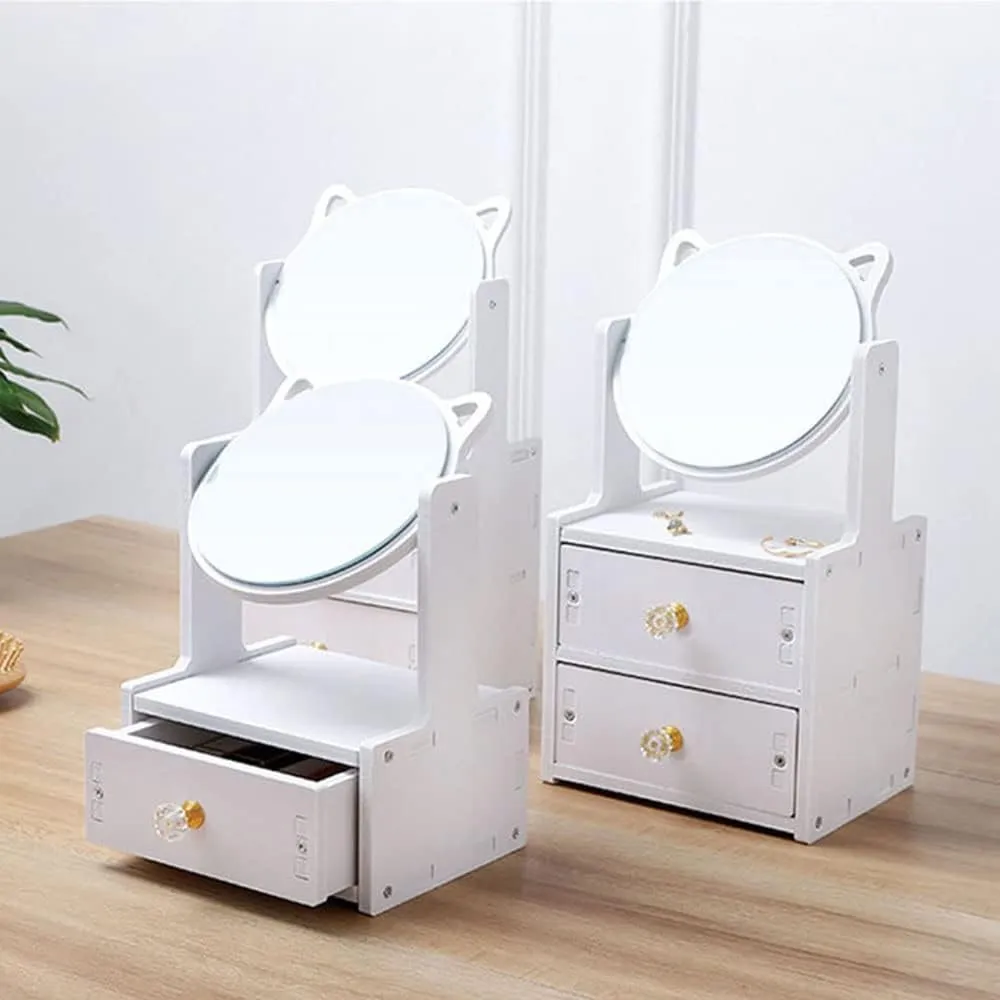 Cat Ear Vanity Mirror, Desktop Makeup Mirror with Drawer, Multipurpose Cosmetic Box, Plastic Cosmetic Storage Organizer for Home, Bedroom Supplies, White Country Brush Drawer