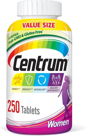 Centrum Multivitamin for Women, Multivitamin/Multimineral Supplement with Iron, Vitamin D3, B Vitamins and Antioxidant Vitamins C and E, Tablet, Gluten Free, Non-GMO Ingredients - 250 Count