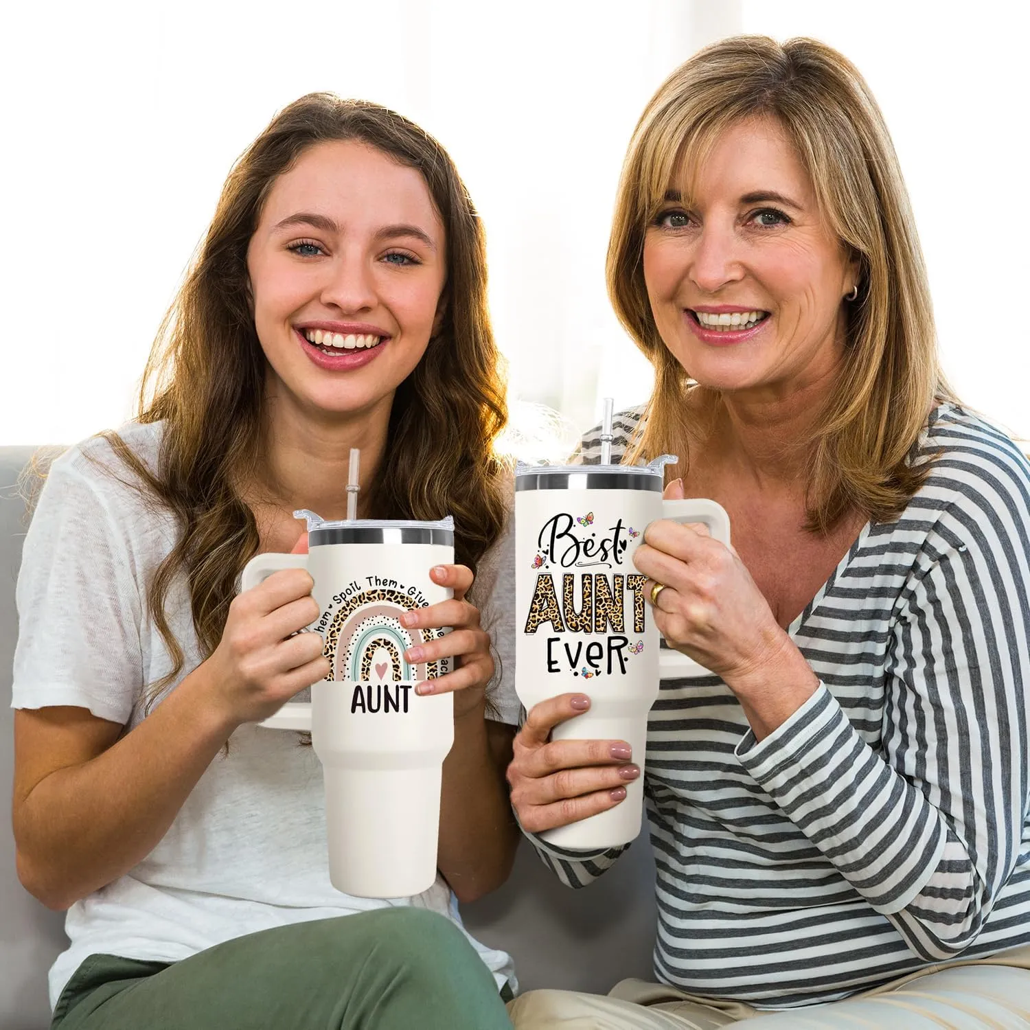 Ceovfoi Aunite Handle Tumbler with Handle Lid and Straw, 40 oz Best Auntie Ever Vacuum Insulated Travel Coffee Mug CupTumbler, Gifts for Aunt from Niece Nephew