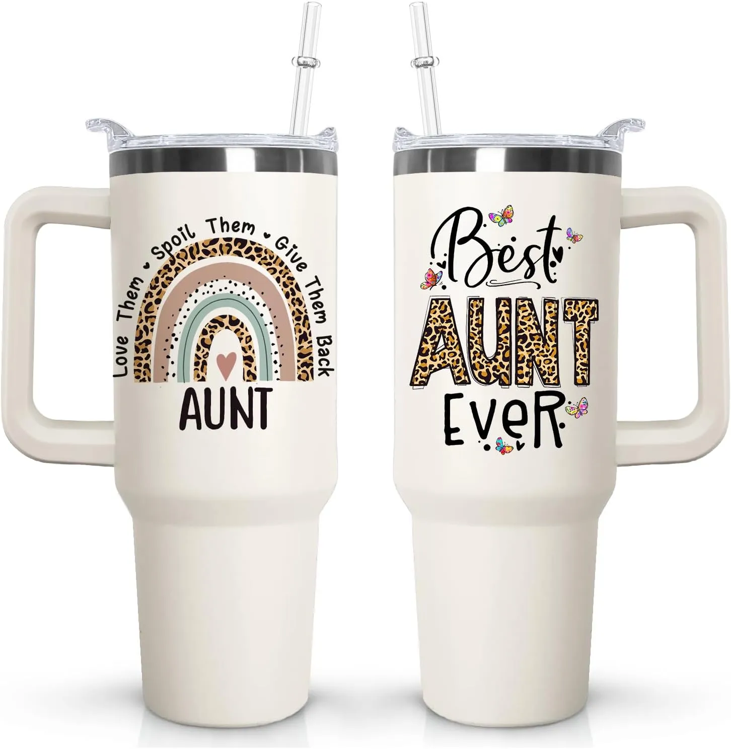 Ceovfoi Aunite Handle Tumbler with Handle Lid and Straw, 40 oz Best Auntie Ever Vacuum Insulated Travel Coffee Mug CupTumbler, Gifts for Aunt from Niece Nephew