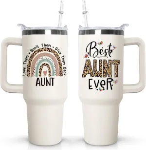 Ceovfoi Aunite Handle Tumbler with Handle Lid and Straw, 40 oz Best Auntie Ever Vacuum Insulated Travel Coffee Mug CupTumbler, Gifts for Aunt from Niece Nephew