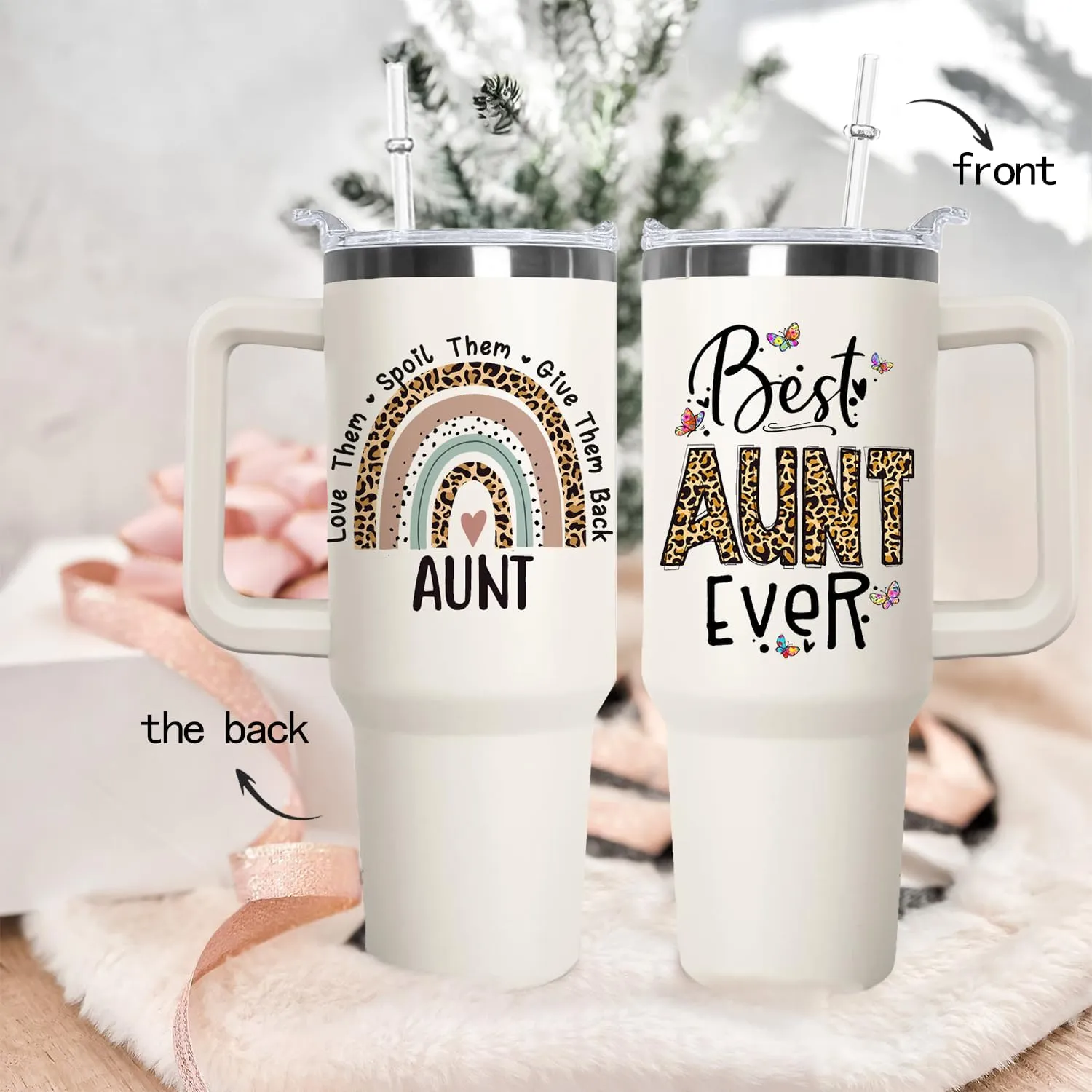 Ceovfoi Aunite Handle Tumbler with Handle Lid and Straw, 40 oz Best Auntie Ever Vacuum Insulated Travel Coffee Mug CupTumbler, Gifts for Aunt from Niece Nephew