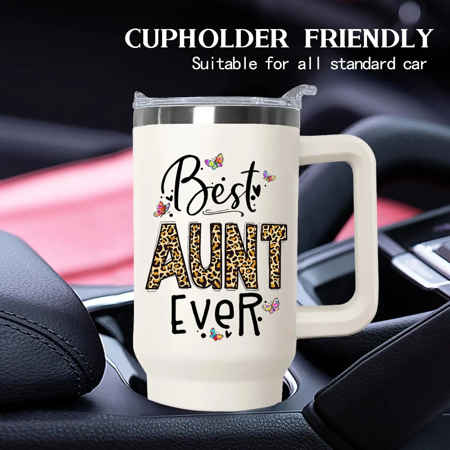 Ceovfoi Aunite Handle Tumbler with Handle Lid and Straw, 40 oz Best Auntie Ever Vacuum Insulated Travel Coffee Mug CupTumbler, Gifts for Aunt from Niece Nephew