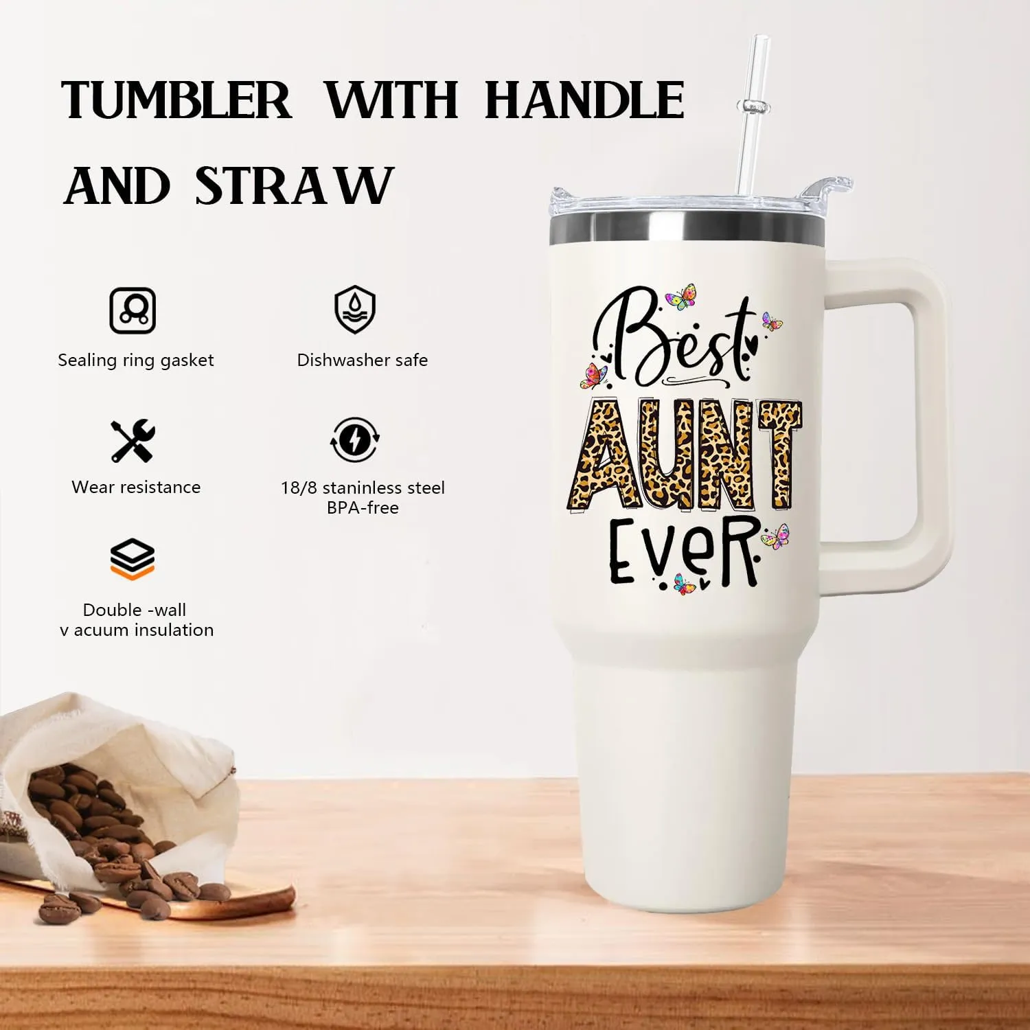 Ceovfoi Aunite Handle Tumbler with Handle Lid and Straw, 40 oz Best Auntie Ever Vacuum Insulated Travel Coffee Mug CupTumbler, Gifts for Aunt from Niece Nephew