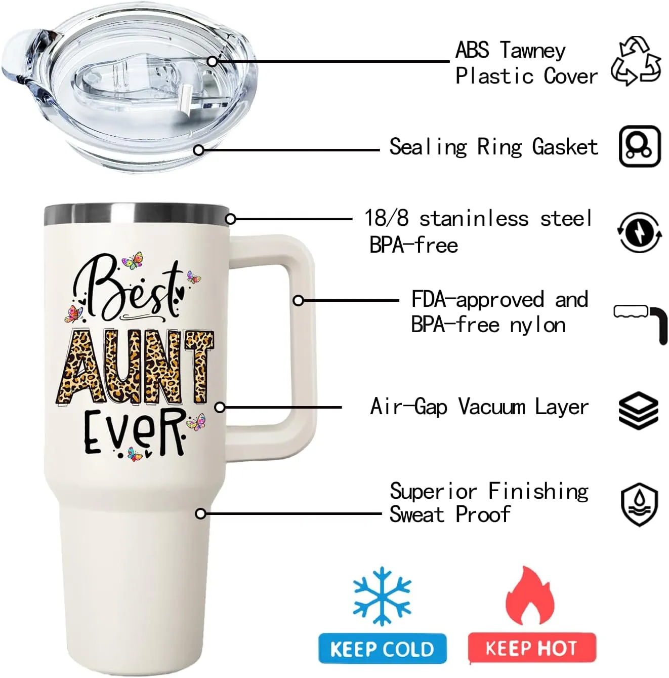 Ceovfoi Aunite Handle Tumbler with Handle Lid and Straw, 40 oz Best Auntie Ever Vacuum Insulated Travel Coffee Mug CupTumbler, Gifts for Aunt from Niece Nephew