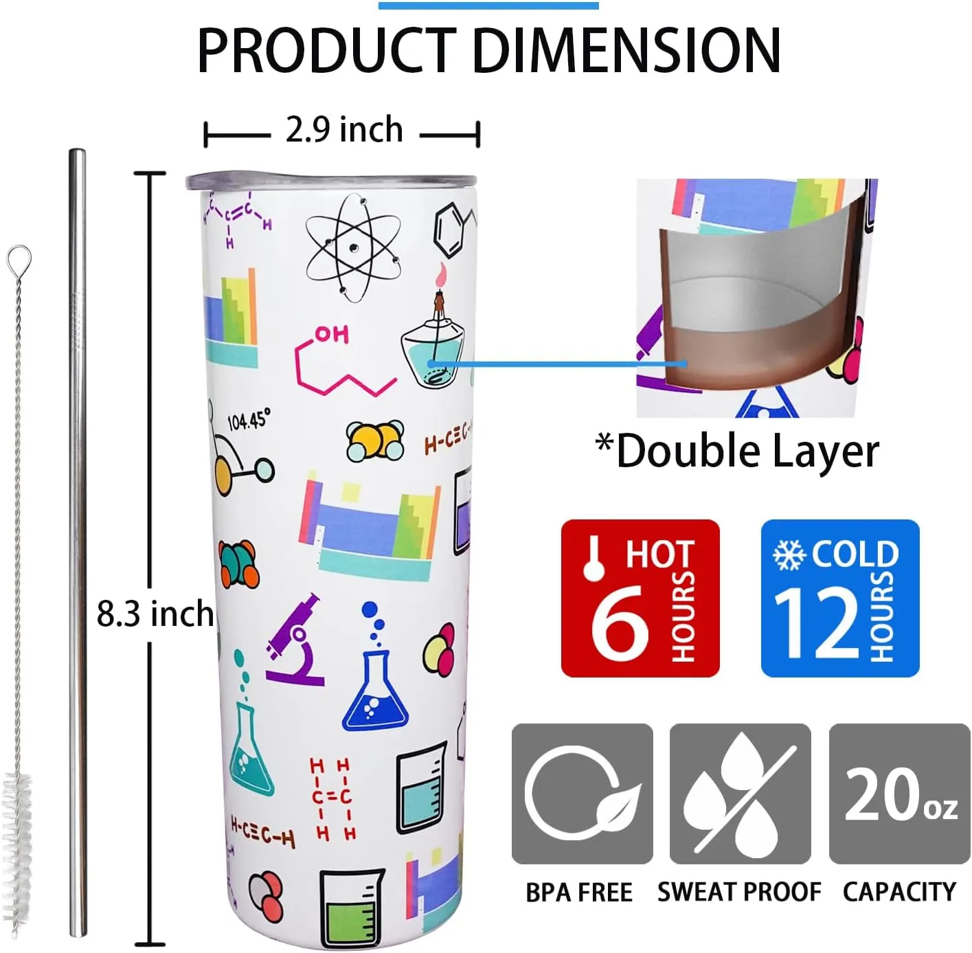 Chemistry Gift Chemistry Teacher Mug Chemistry Tumbler Cup Chemistry Teacher Gift for Women Men 20 Oz Stainless Steel Insulated Water Bottle With Lid and Straw