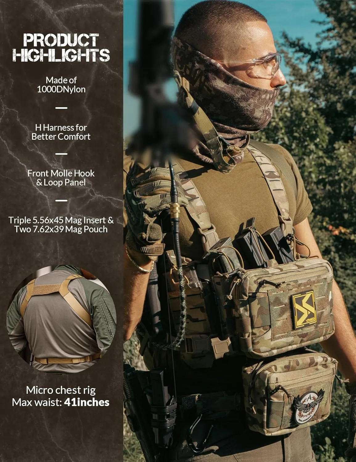Chest Rig-Tactical Chest Rig，Molle Modular Micro Fight Chest Rigs Adjustable&Detachable with 5.56/7.62 Magazine Pouch